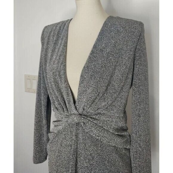 ZARA Dress Silver Metallic XXL Sexy V-Neck Cocktail Long Sleeve - Picture 6 of 12
